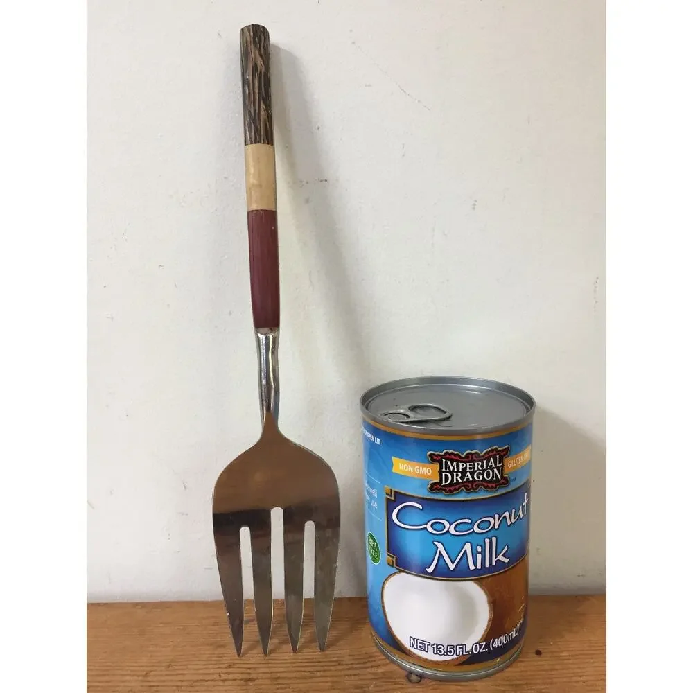 Vintage Style Bamboo Wood Asian Handle Stainless Serving Salad Fork Utensil 11